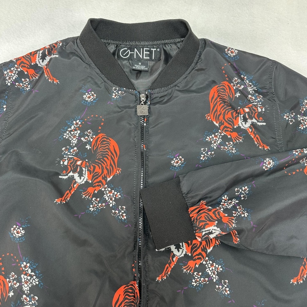 G NET Jacket Mens Medium Black Tiger Floral Print Bomber Lightweight Full Zip